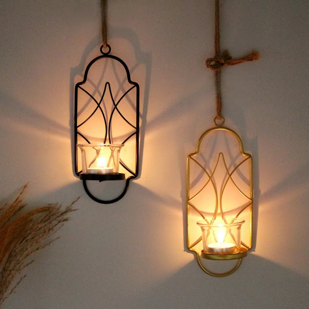 Vintage Metal Hanging Wall Candle Holder Moroccan Geometric Pattern Tealight Sconce for Living Room Bedroom Decor