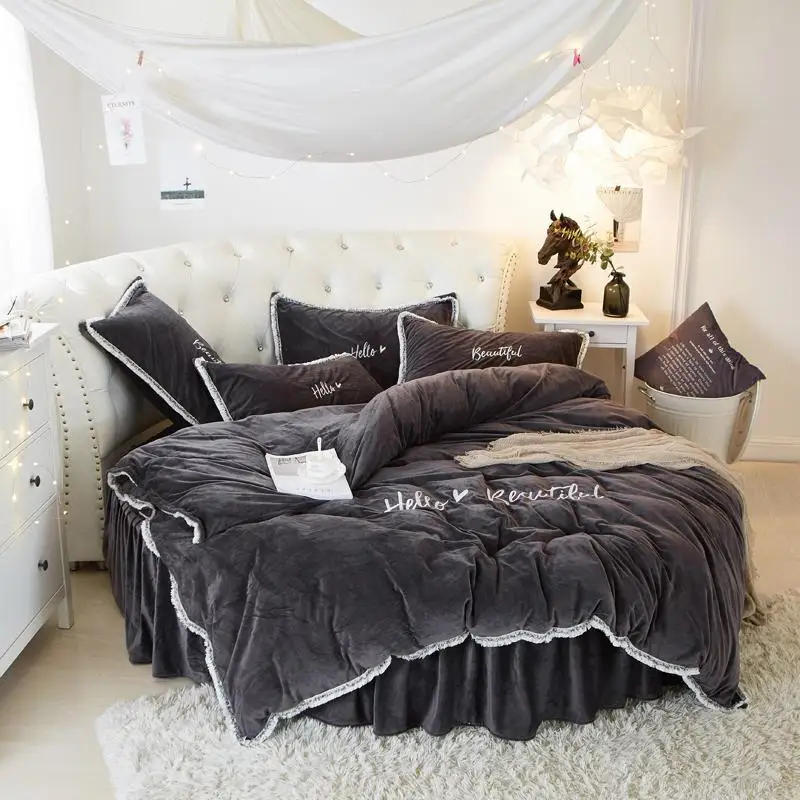 Crystal fleece round bed four-pcsskirt type round  hat coral fleece bed cover thickened Farley fleece princess wind bed sheet