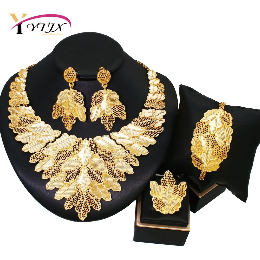 

YTJX Gold Color Wedding Jewelry Set Hollow Out Golden Plated Leafs Africal Big Flower Choker Necklace Bracelet Earring Ring 2025