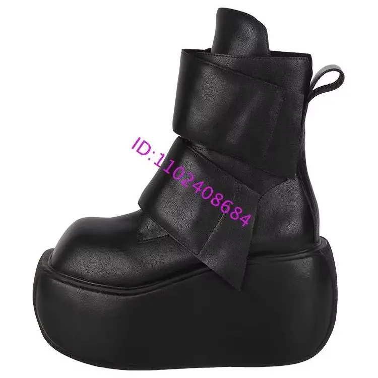 Black Leather Punk Ankle Boots High Platform Flat Design Thick Bottom Lolita Style Footwear for Fashionable Wear