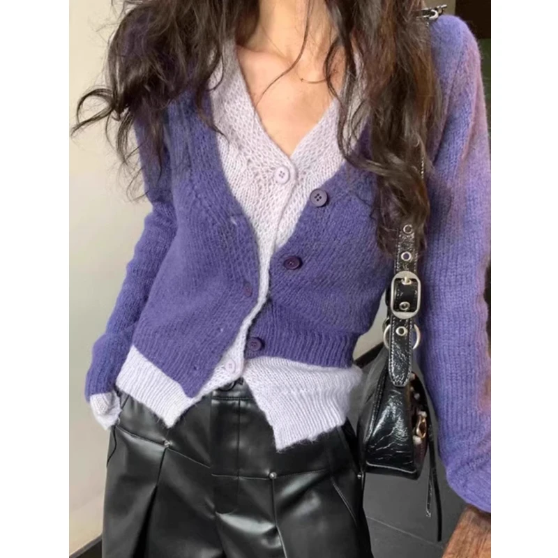 2026 Fashion Women Long Sleeve False Two-piece Knitted Top Elegant Casual Korean Style Autumn V-neck Cardigan Sweater Knitwear