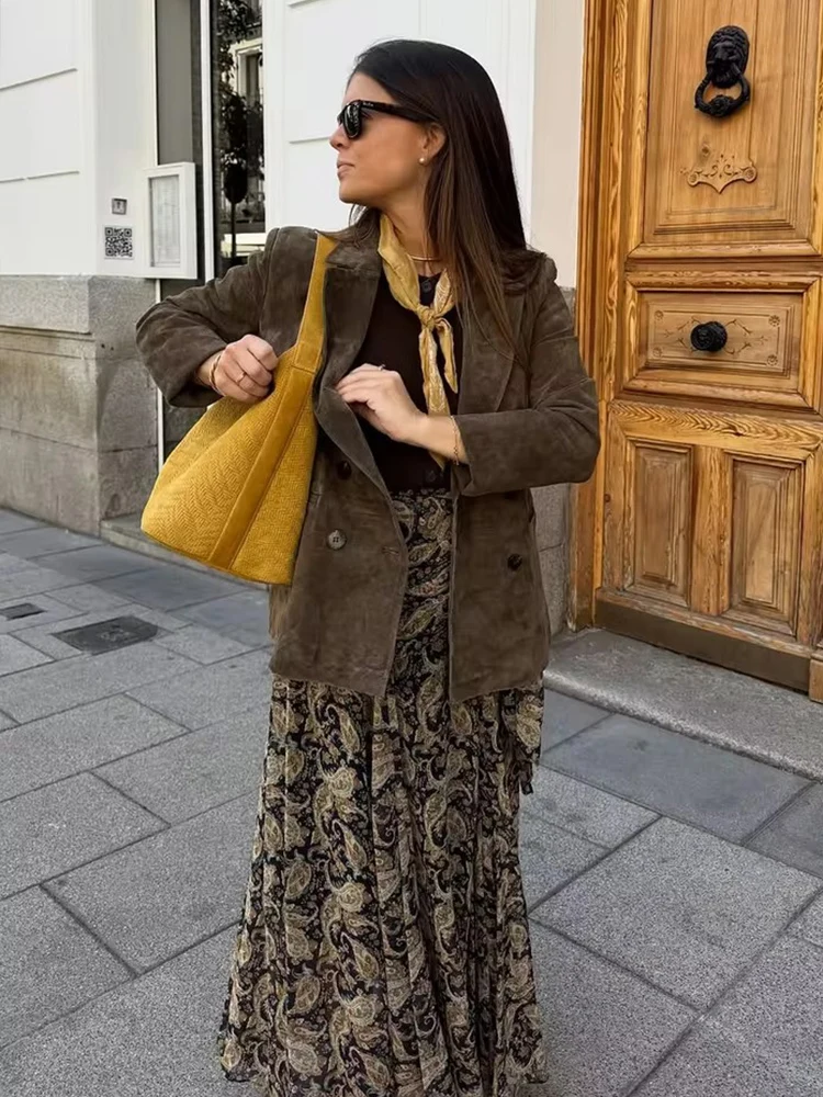 エレガントなプリント柄のレースアッププリーツロングスカート、女性用ルーズハイウエストAラインミディスカート、2025年秋レディースパーティーイブニングウェア