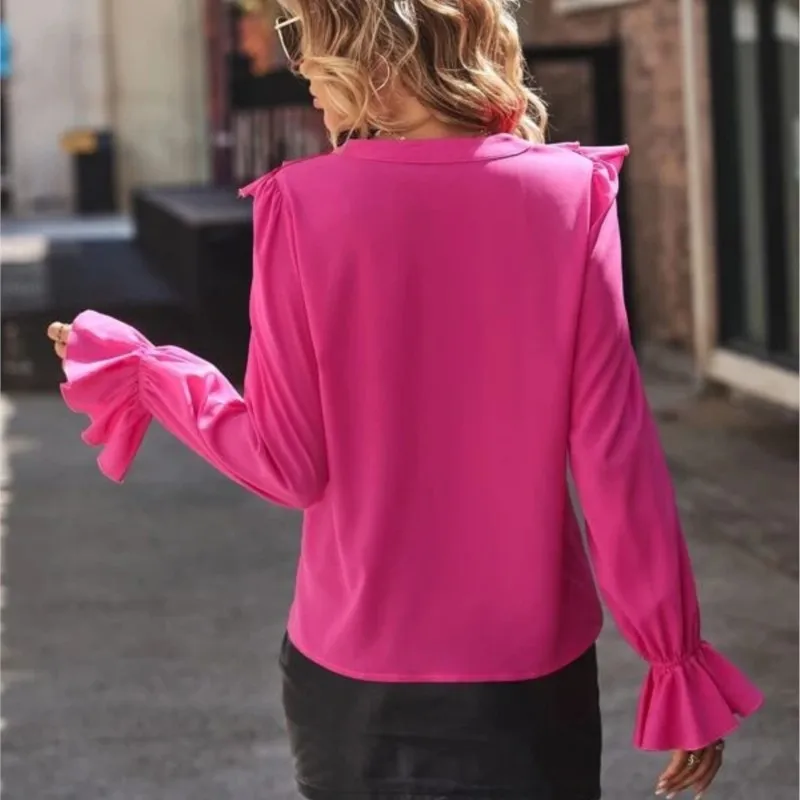 Printemps automne chemises à la mode couleur unie décontracté ample Style de transport hauts manches longues à volants col en v manches cloche vêtements