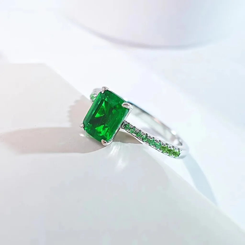 S925 Pure 925 Sterling Silver Ring Delicate Simple Trendy Emerald Ring Inlaid High Carbon Diamond Rectangular Red Corundum  