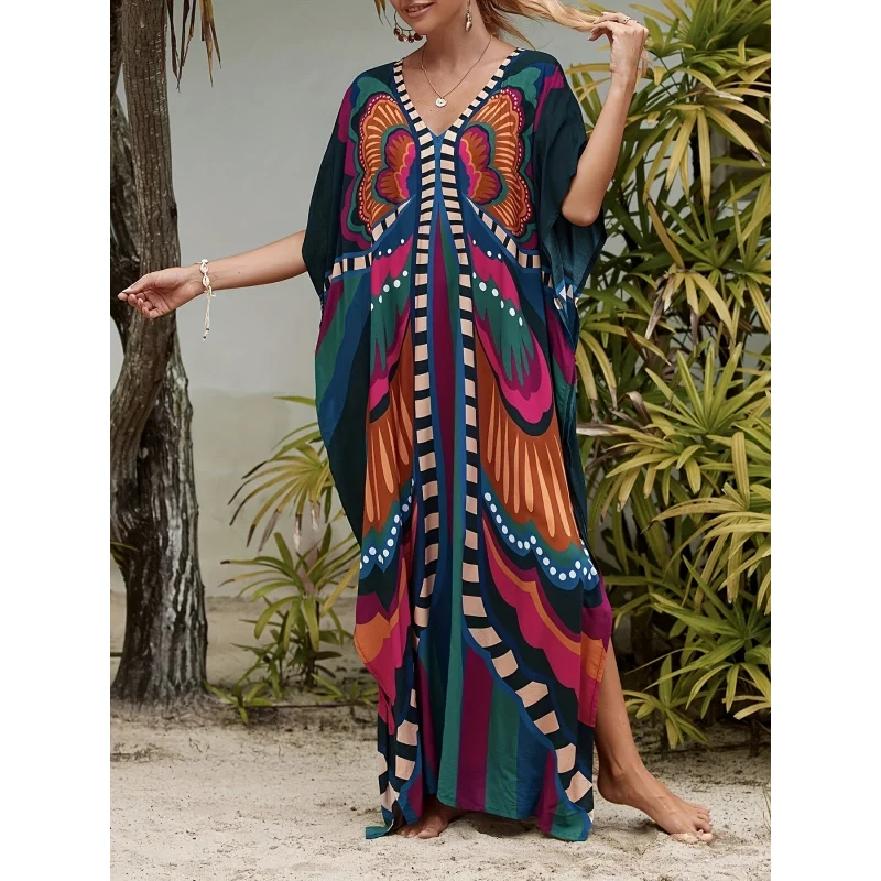 

Women's Summer Beach Cover-Up with Butterfly Print, Beach Shawl, Sun Protection Shirt, Vacation Cover-Up