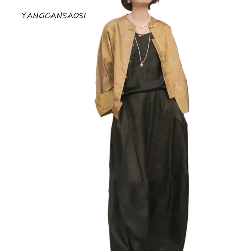 

Women's Fashion Autumn Clothing Versatile Deer Print 100% Natural Mulberry Silk Song Brocade Round Neck Long Sleeved Coat