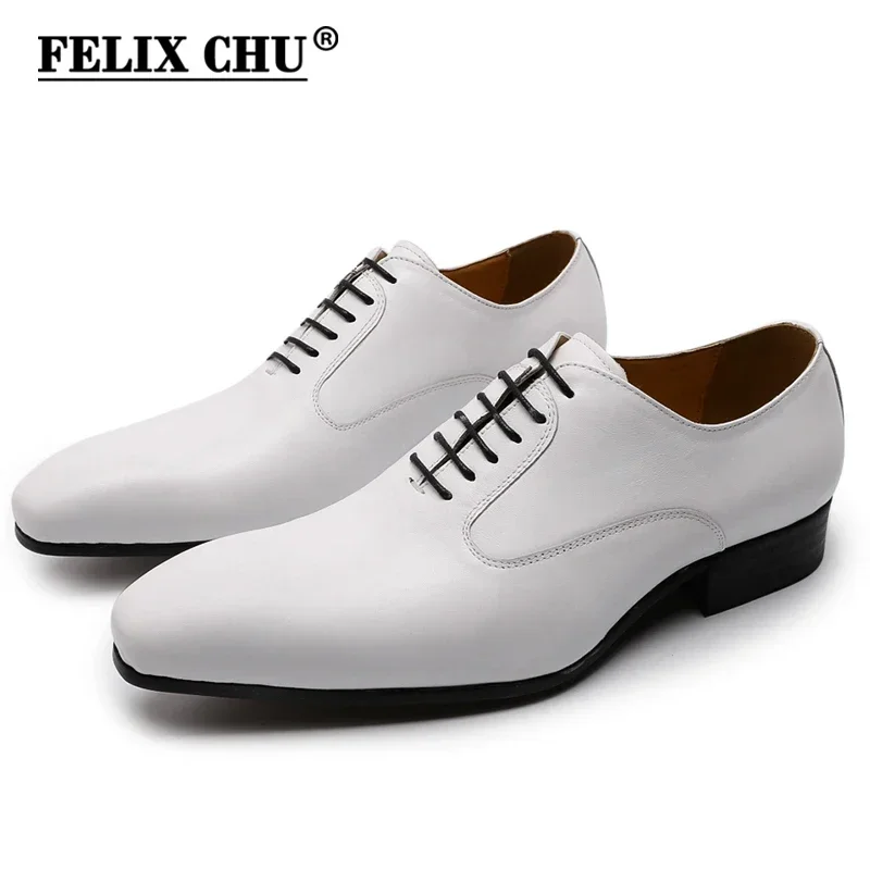 

FELIX CHU Men's Solid White Genuine Leather Dress Shoes Pointed Toe Formal Oxford Lace-Up Wedding Party Male Footwear