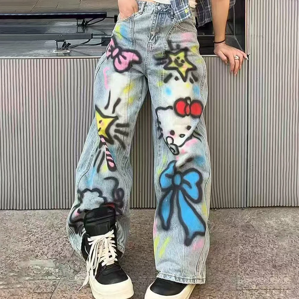 Jeans Y2K Hello Kitty Donna Anime Sanrios Kawaii Pantaloni vintage stile americano Primavera Autunno Pantaloni larghi a vita alta