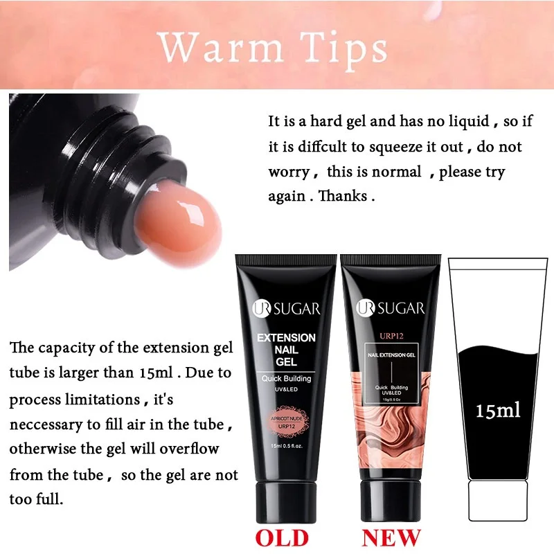 UR SUGAR 15ml Light Nude Quick Extension Gel 12Colors Soak Off UV LED White Clear Building Gel Manicure Nail Construction Gel