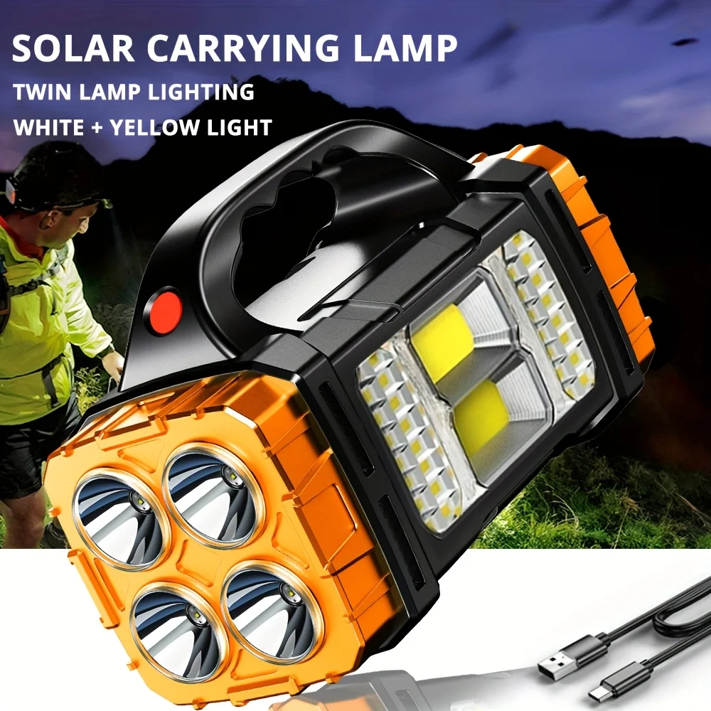 Power Bank & Solar COB LED Flashlight,USB Rechargeable High Power Waterproof Hand Lamp Multifunctional for Outdoor Camping