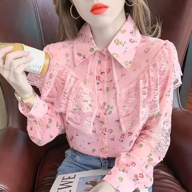 Cover the Stomach Floral Chiffon Long Sleeved Shirt Women's New Fashion Versatile Western-style Loose and Slimming Top