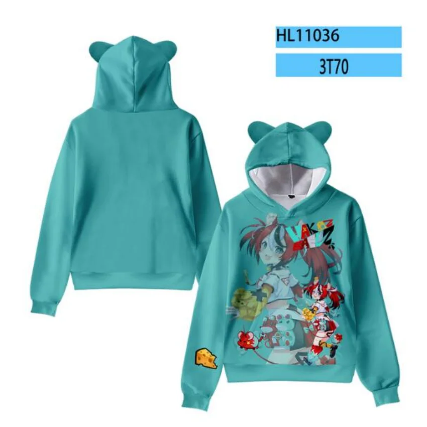 Hakos Baelz Kids Hoodie for Boys Girls Harajuku Sweatshirt Streetwear Hip Hop Kawaii Cat Ear Pullover Hooded Jacket Cosplay