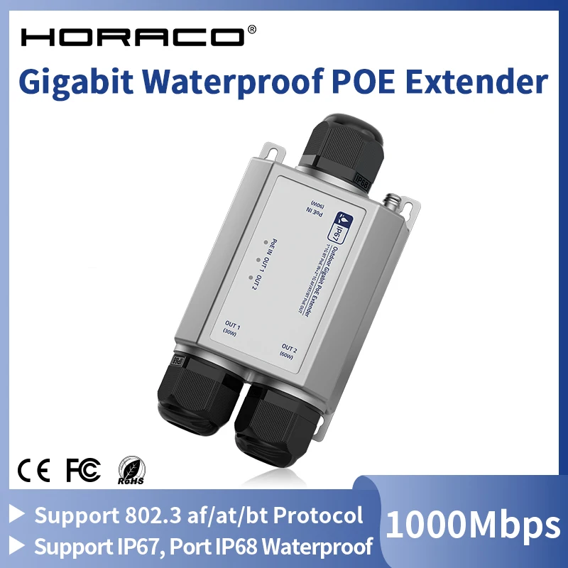 HORACO 3 Port Gigabit PoE Extender Outdoor IP67 Waterproof 1 to 2 1000M POE Repeater IEEE802.3af/at/bt Plug&Play 48V 120W