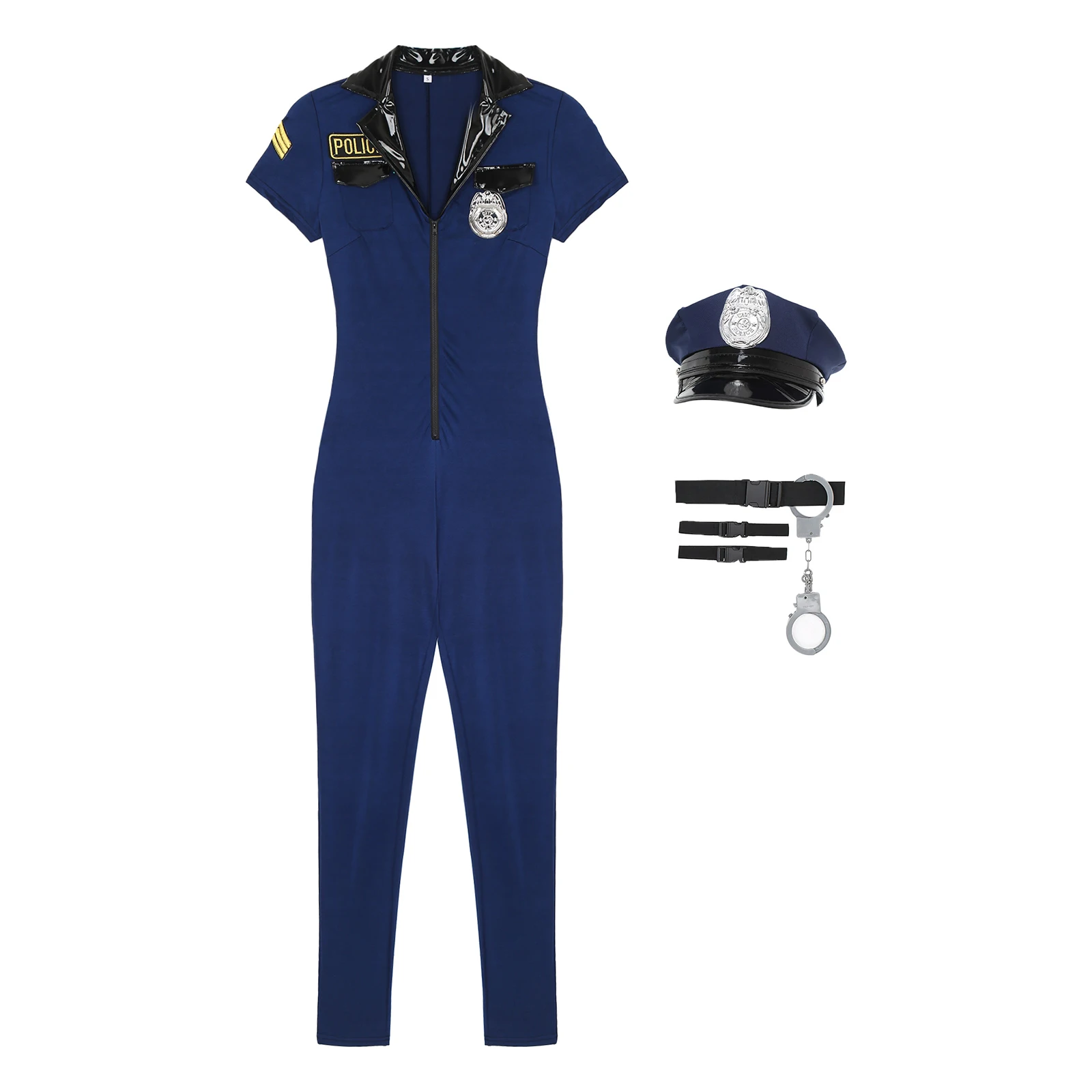 Mens Policeman Costume Short Sleeve Front Zipper Jumpsuits with Cop Hats Belt Manacles Badge 7-Piece Dirty Cop Uniform Outfits