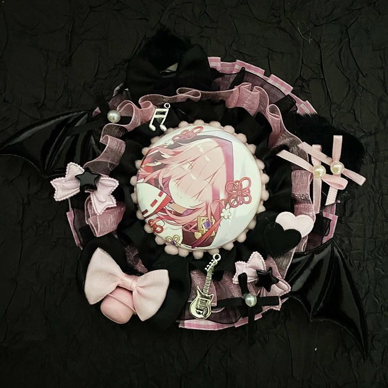 Demon Bat Wings Plush Cat Ears Round Lace Badge Clip, Anime Cartoon Game Character Merchandise, Celebrity Idol Support Badge, Badge Display Stand, Storage Decoration, Badge Holder, Back-To-School Season, Graduation Season, Halloween, Easter Holiday Gifts, Lolita Creative Small Items, Gumei Goods, Itabag, Itaboard, DIY Materials, Accessories, Badge Clip
