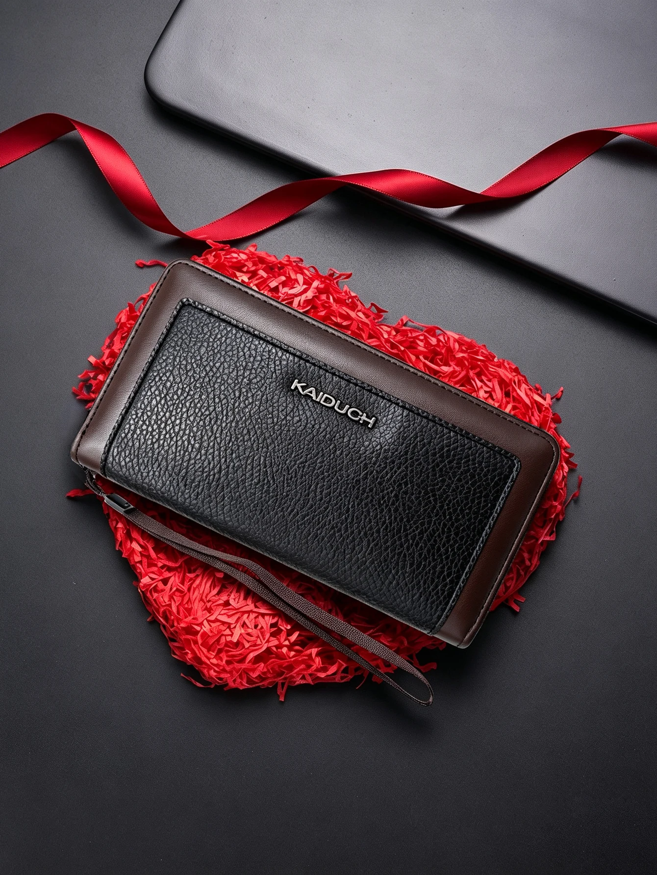 Men Color Block Pebbled PU Leather Long Zip Wallet with Wrist Strap, Large Capacity 8 Card Slots Clutch Purse