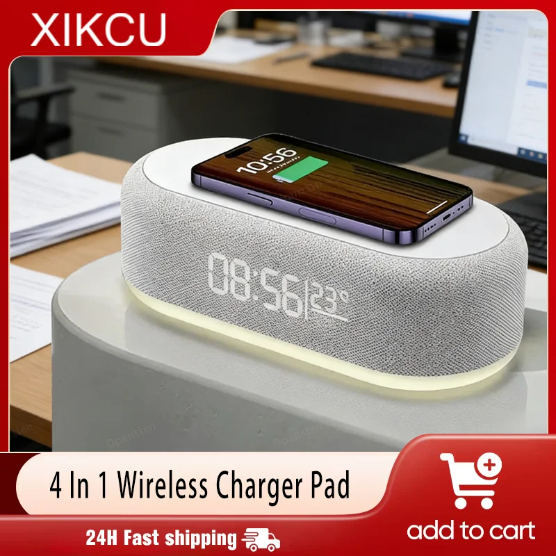 Fast Wireless Charger Alarm Clock Time LED Light Thermometer for iPhone 17 16 15 14 13 Charging Dock Station for Samsung S24 S25