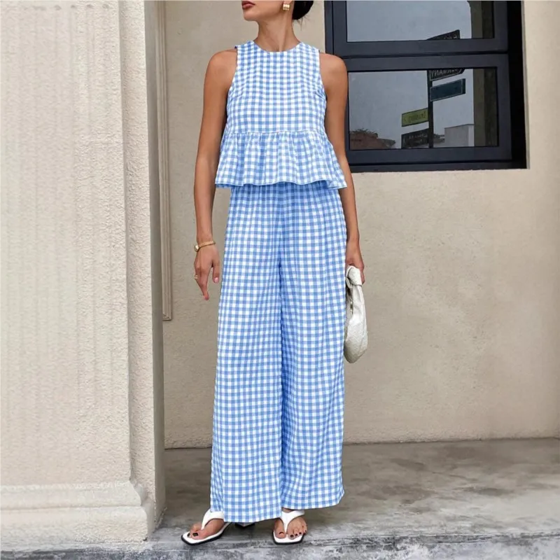 

Plaid Print Sleeveless Vest Round Neck Fashion Elegant Ruffled Top Wide-leg Trousers 2-piece 2026 Beach Resort women Casual Suit