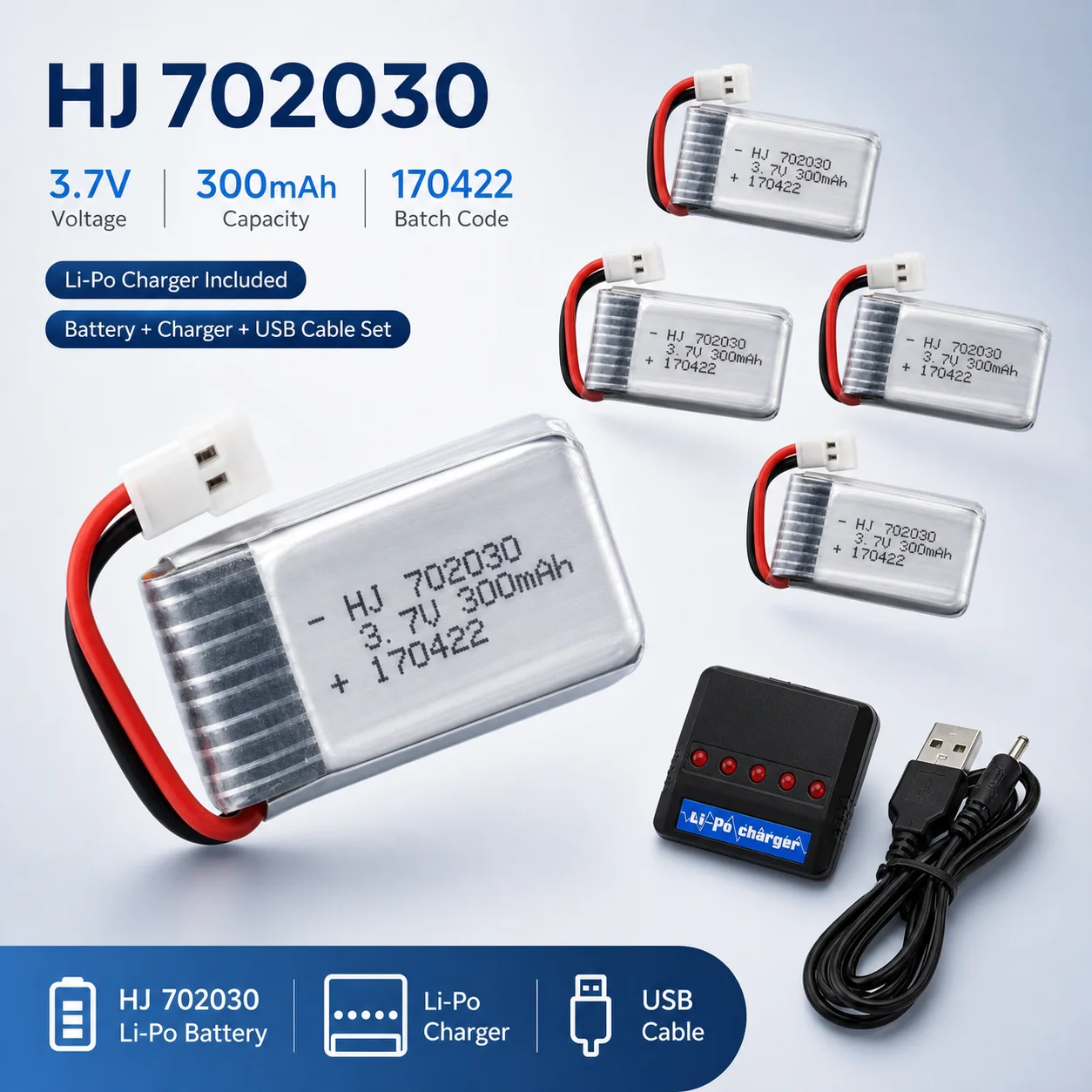 Drone Battery Charger - Batterie LiPo rechargeable 3,7V 300mAh avec