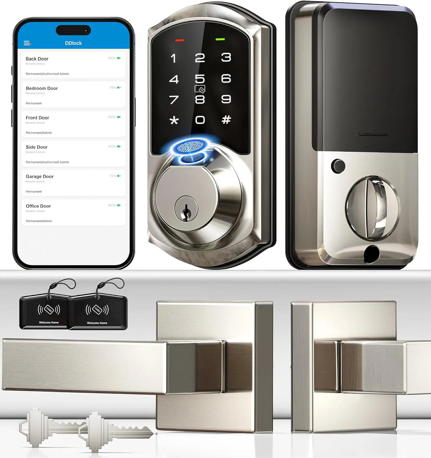 Fingerprint Smart Locks for Front Door with 2 Lever Handle Set, App Control,  Electronic Digital Keypad Deadbolt, Satin Nickel