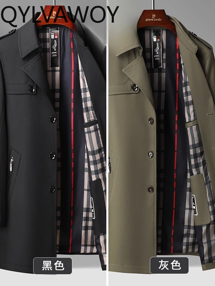 QYLVAWOY 2025 ربيع الخريف جديد الرجال منتصف طول خندق معطف الرأس منتصف العمر الأعمال عادية الدافئة عالية الجودة ملابس خارجية LJ2770 #2