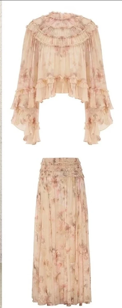 

Set for Women 2025 New Multi Color Floral Print Short Sleeve Blouse Tops Skirt