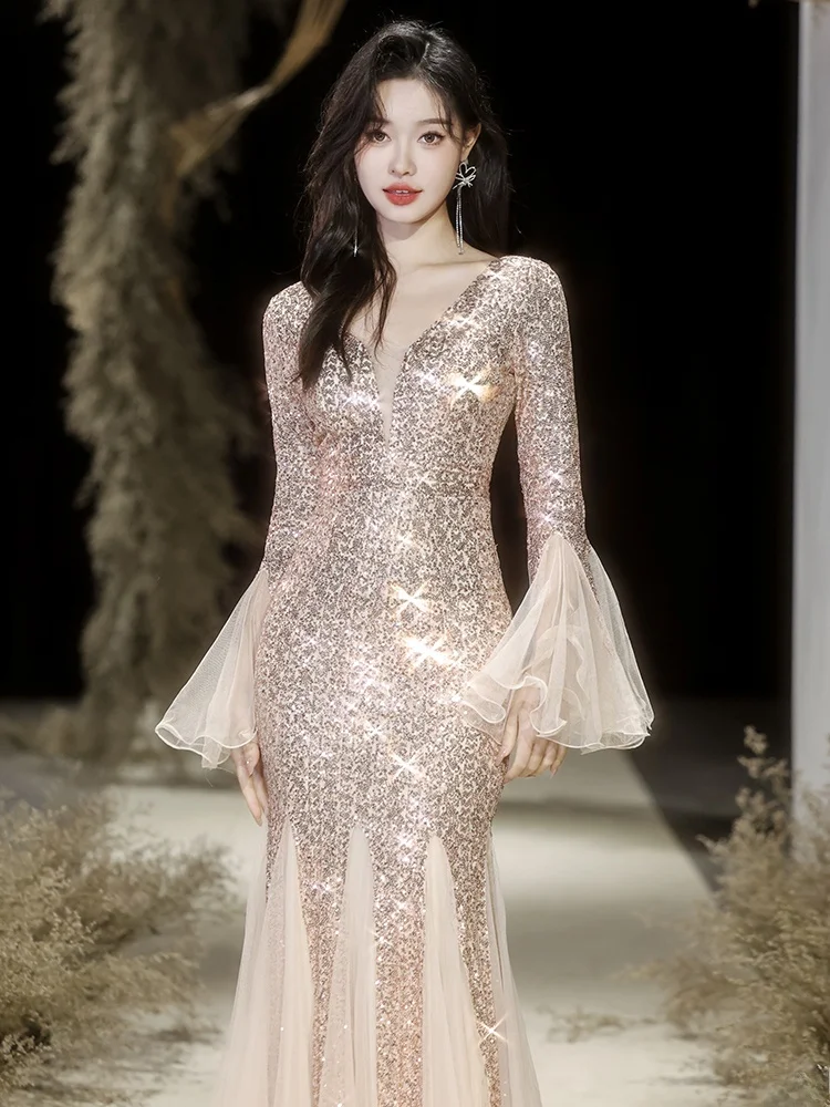 

Ele Evening Gown Women's 2024 New High-End Feel Host Fi Tail iny aduation Dr Korean Sle Long Skirt