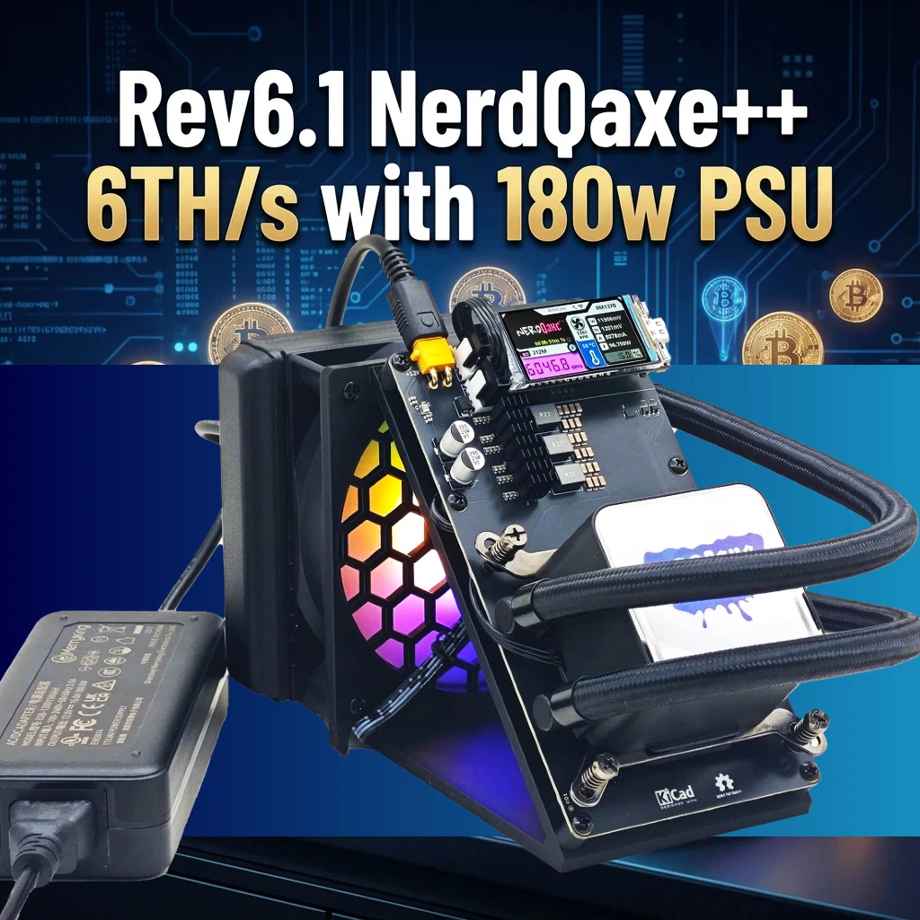 Rev 6.1 NerdQaxe 6Th、180wの大電源を搭載したソロマイナー、ビットコインホーミングマイニング、NerdQaxe Hydro、NerdQaxe++ 6Th