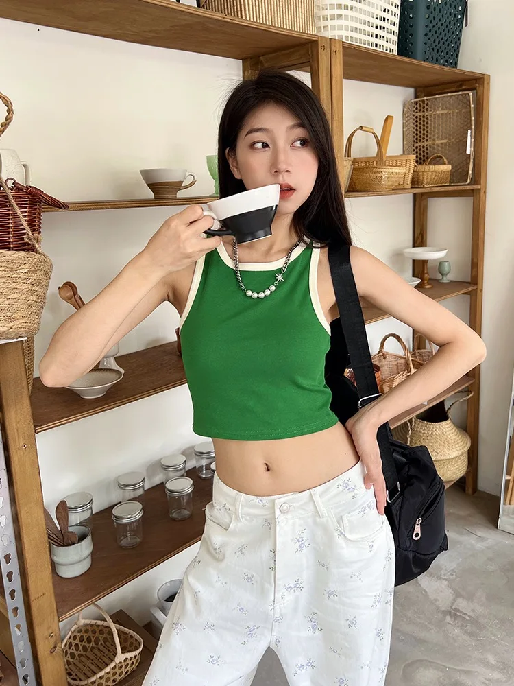 American Retro Color Block round Neck Vest Women's Summer Outdoor Wear Inner Match Short Style Belly Show Backless Sleeveless...