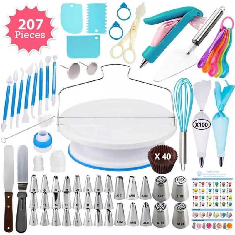 207 Psc Baking Tool Set with Anti Slip Turntable 24pcs Metal Mounting Nozzles Scraper and Tools Professional Baking Accessories