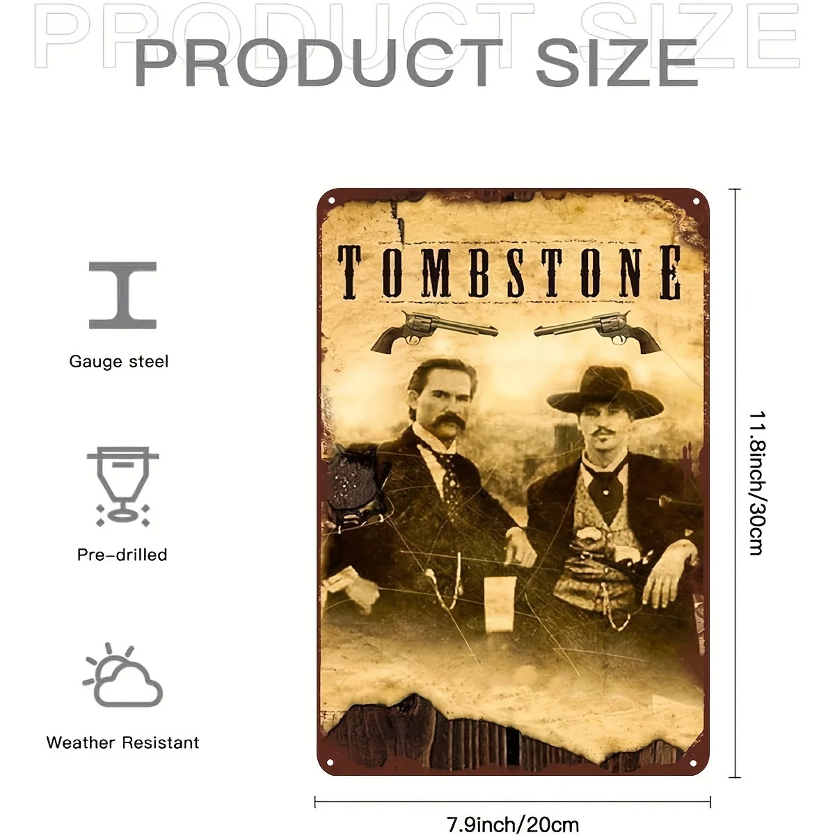 مسطح ثنائي الأبعاد، قطعة واحدة من فن الحائط المعدني للفيلم الغربي العتيق "Tombstone Town 50.62 متر - حديد متين مقاوم للطقس 20.32 × 30.48 سم Rus #2