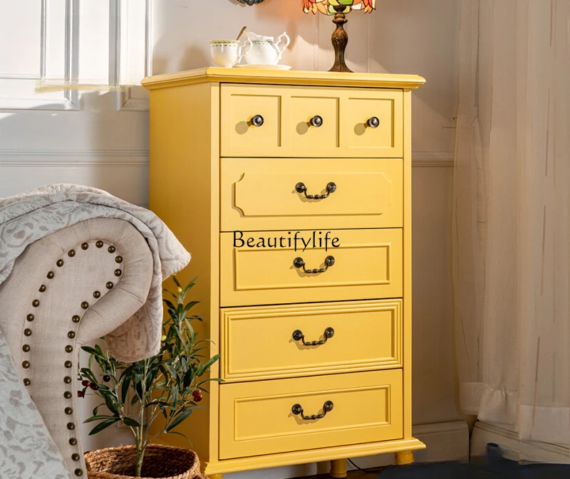 

American solid wood chest of drawers household nine-bucket cabinet floor drawer storage retro yellow