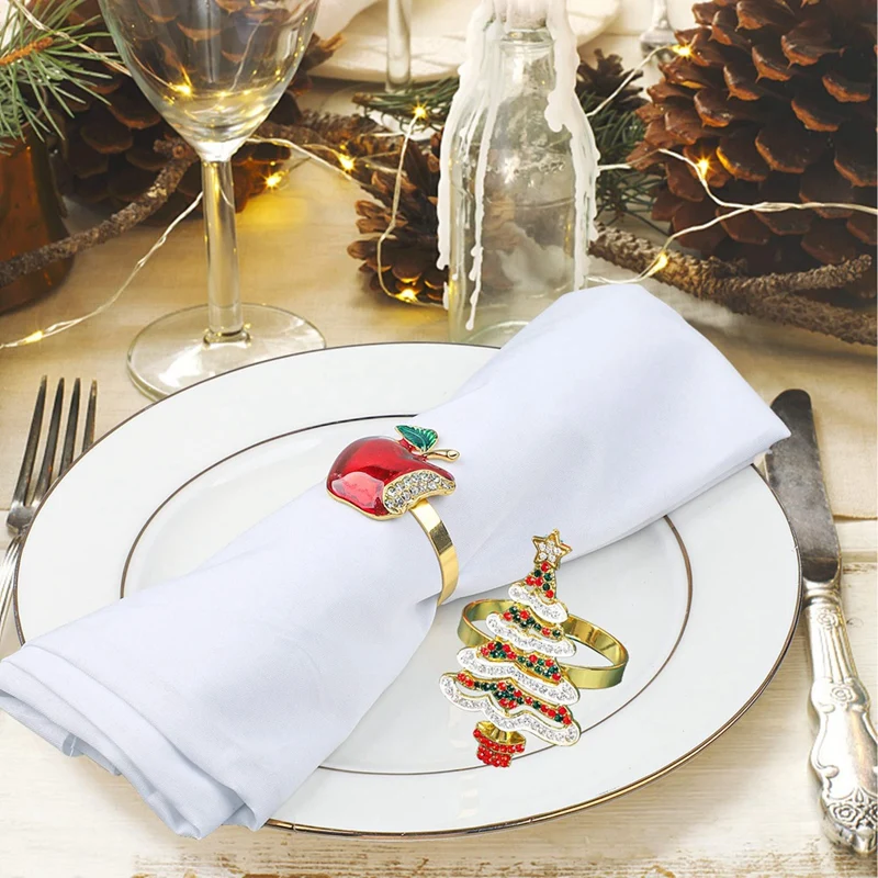 Christmas Napkin Ring Set Of 8 Metal Christmas Tree Deer Napkin Rings Holders Rhinestone Napkin Buckles For Holiday