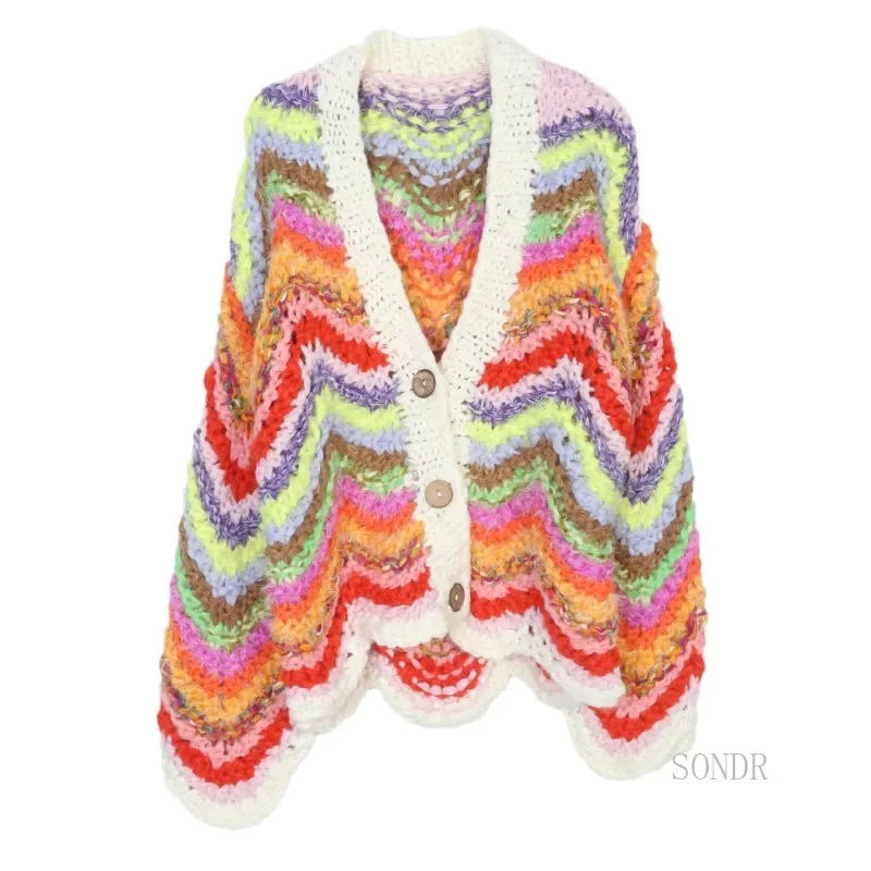 Women's Rainbow Wave Striped Knitted Cardigan, Lazy Oaf Sweater, Hand Hook Jacket, V-Neck Sweater, Fashion, Autumn, Winter