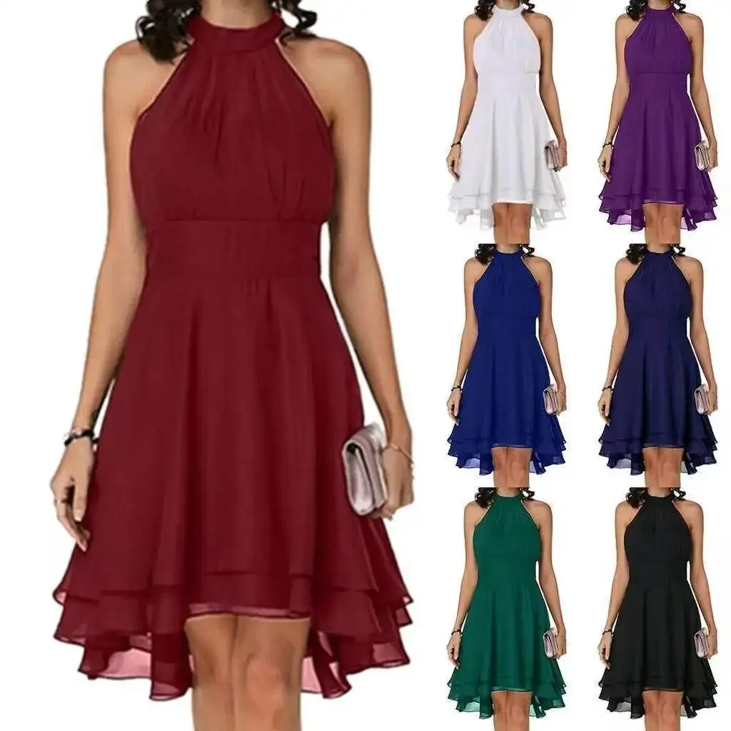 Women Elegant Dress Summer Solid High Waist Halter Sleeveless Midi Dresses Ladies Cropped Layered Chiffon Party Slim Dresses