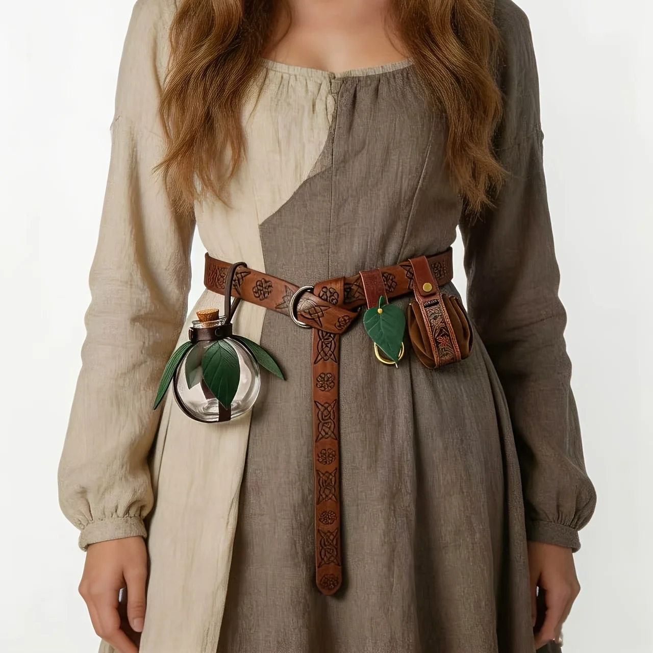 Medieval Waist Mount Accessory Set, Leaf Style Belt Hook, Waist Storage Sack, Glass Bottle Carrier, for LARP, Renaissance Cospla