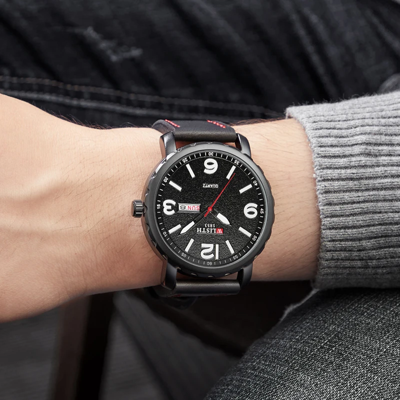 腕時計男性トップブランド防水クラシックブラックレザー腕時計ファッションカジュアルカレンダービジネスクォーツ腕時計男性時計ギフト