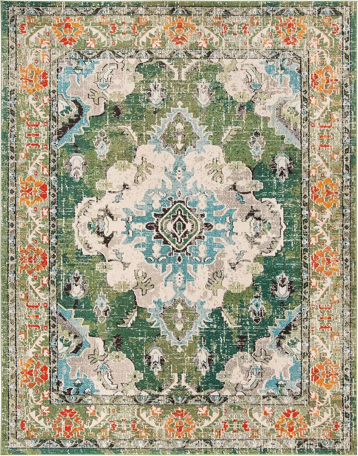 Monaco Collection Area Rug - 10' x 14', Forest Green & Light Blue, Medallion Distressed Design, Non-Shedding & Easy Care