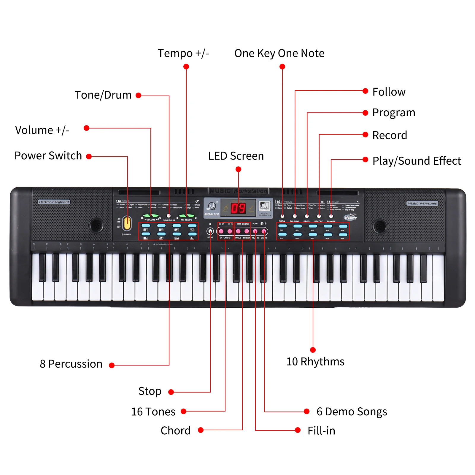 61 Keys USB Electronic Organ with Microphone Black Digital Music Electronic Keyboard LED Display with 16 Tones 10 Rhythms