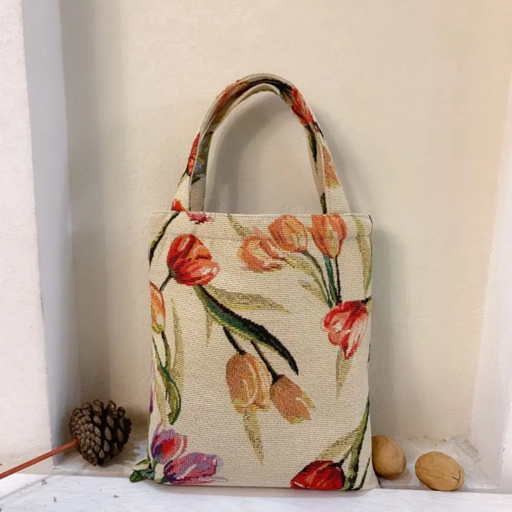 Vintage Flower Clutch Purse Tulip Flower Printed Household Vintage Shoulder Bags Portable Handle Retro Flower Handbag Travel