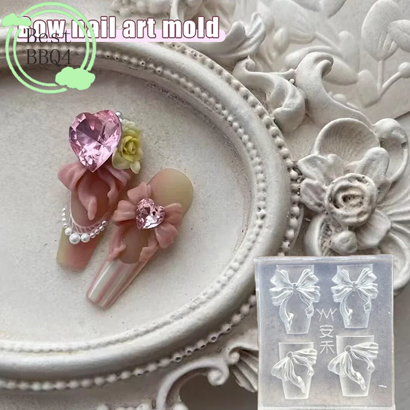(BBQ4)3D Ribbon Bowknot Shaped Nail Mold Stamping Stencil For UV Gel Polish Art Silicone Carving Design DIY Charm Decorations