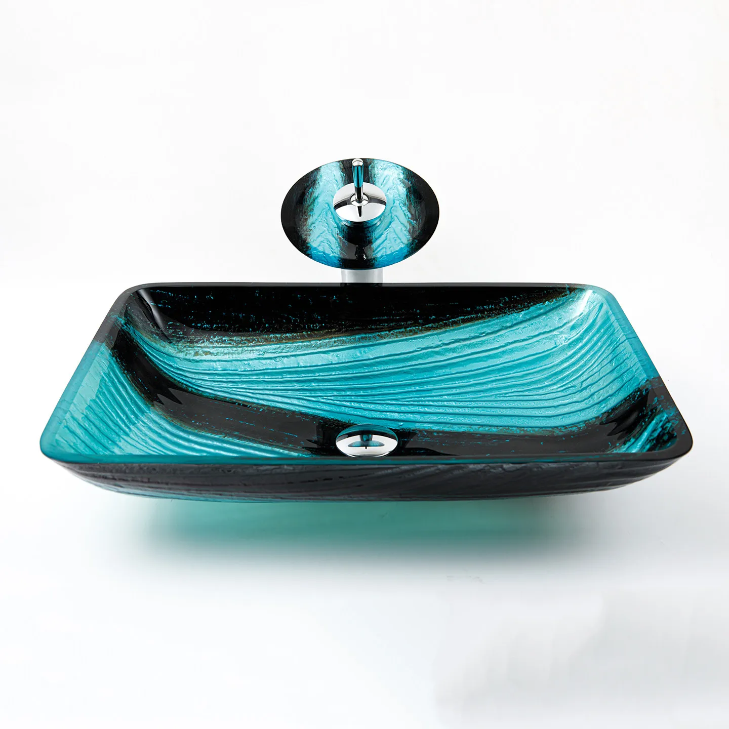 Lavabo de vidrio templado para baño, lavabo artístico con diseño de lago azul, lavabo rectangular simple