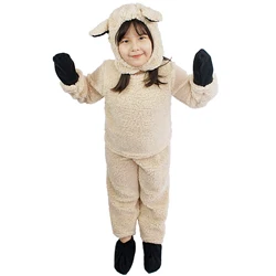 Little Boy Girl Halloween Sheep Costume Fuzzy Long Sleeved Round Neck Tops + Hat + Gloves + Socks + Pants