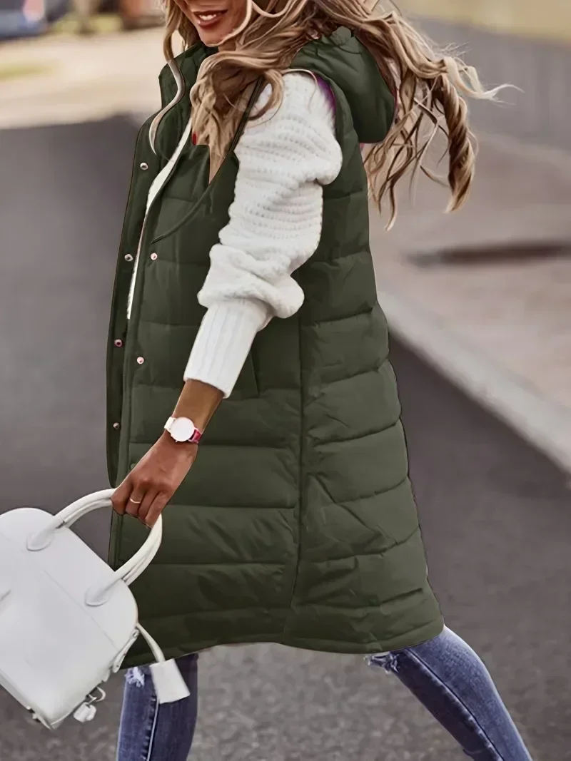 Chic Hooded Zipper Jacket Autumn Winter Women Long Oversize Waistcoat Sleeveless Fashion Warm Quilted Vest Down Coat