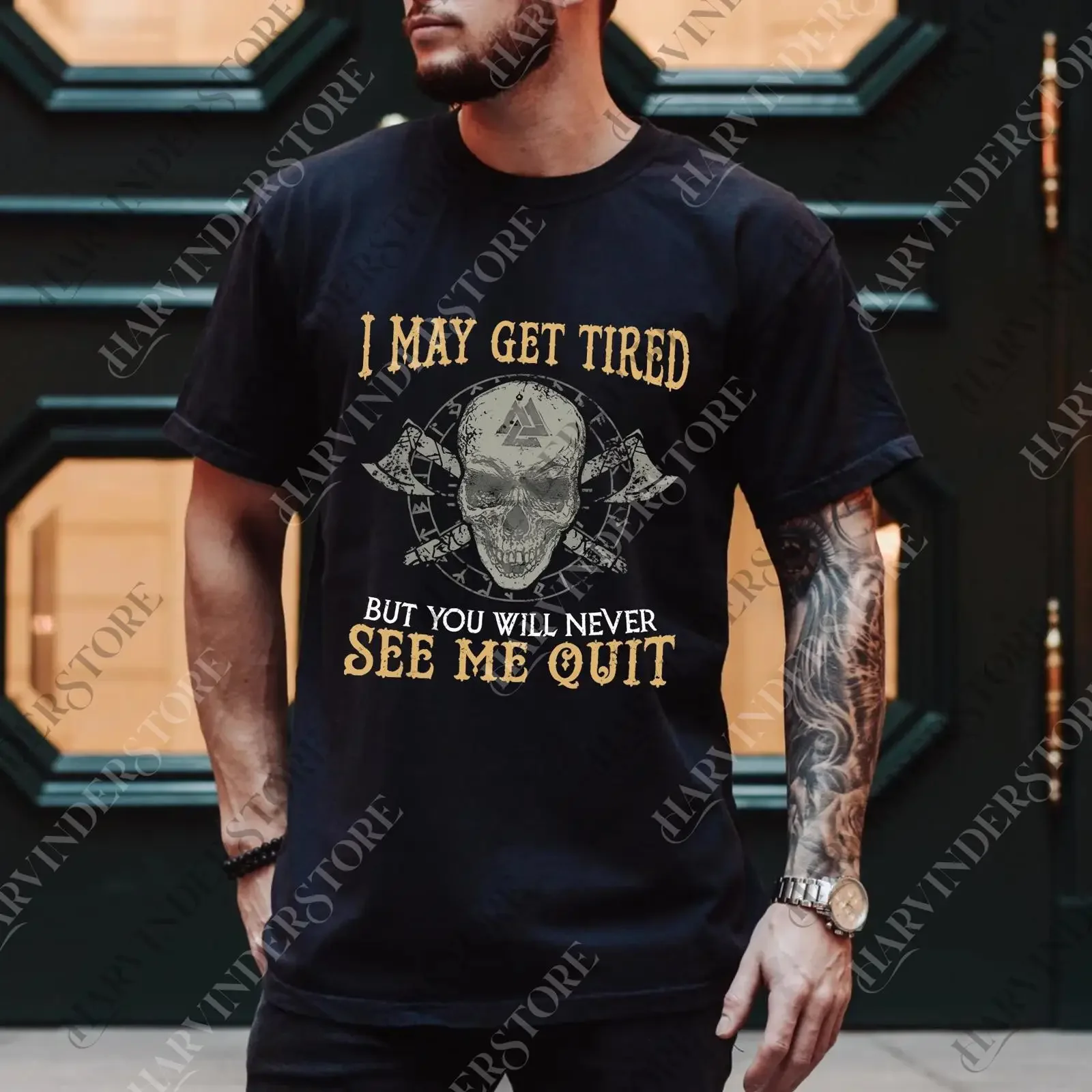 I May Get Tired But You Will Never See Me Quit Skull png Humorous Skeleton Inspiration Quote Digital vintage Washed graphic
