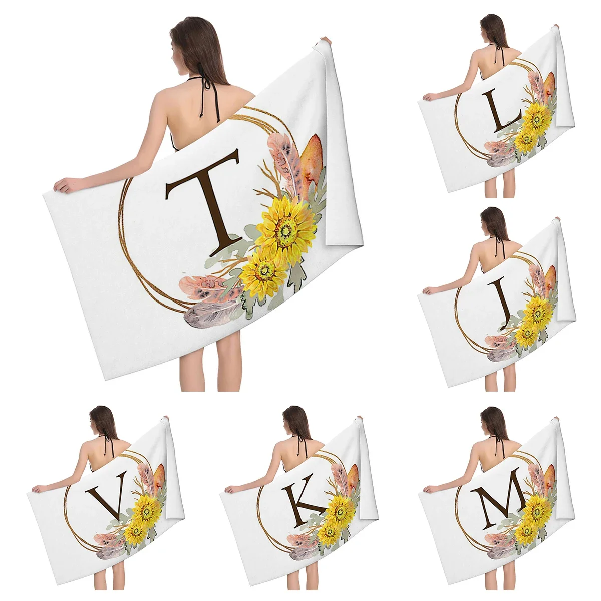 1pc Flower wreath letter pattern Pattern Beach Towel,Ultra-Fine Fiber Beach Blanket,Highly Absorbent Bath Towel,Suitable