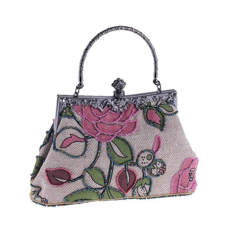 Boutique  Chinese Style Embroidery Floral Women Beaded Evening Purse Bridal Flower Clutch Bag Wedding Party Frame Handbag view 5
