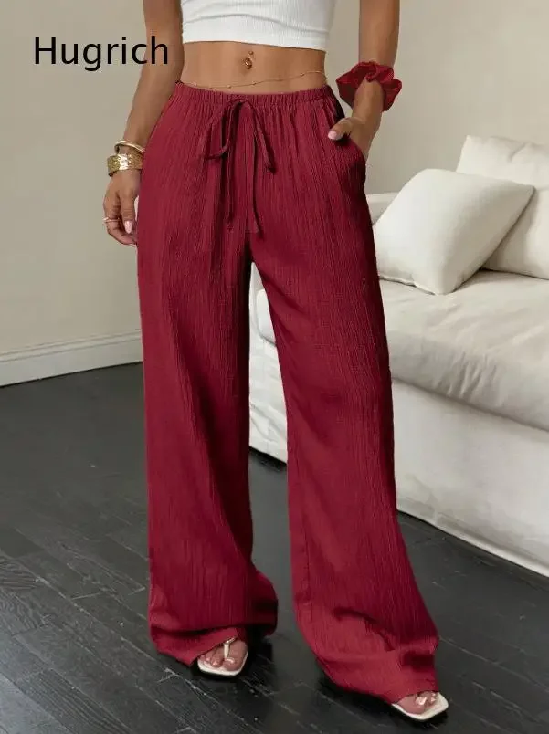 Women Hot Pink Drawstring Elastic Waist Textured Wide Leg Pants Loose Casual Palazzo Trousers with Pockets