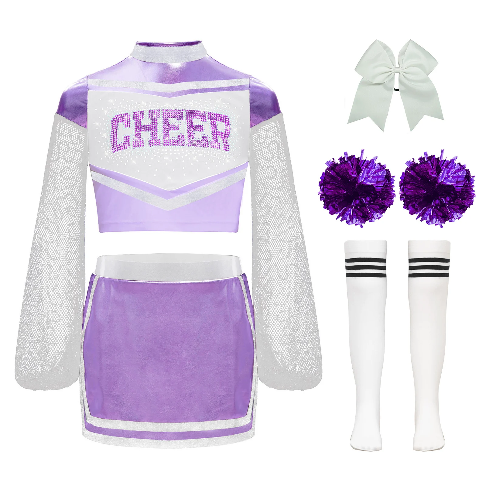 

Kids Girls Cheerleading Dance Uniform Rhinestones Letters Printed Mesh Long Sleeves Crop Top+Skirt+Headwear+Flower Balls+Socks