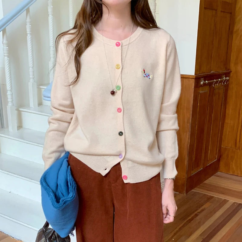 Autumn Winter Women's Merino Wool Cardigan Sweater O-Neck Puppy Embroidery Multi Color Buttons Solid Long Sleeve Knit Outerwear